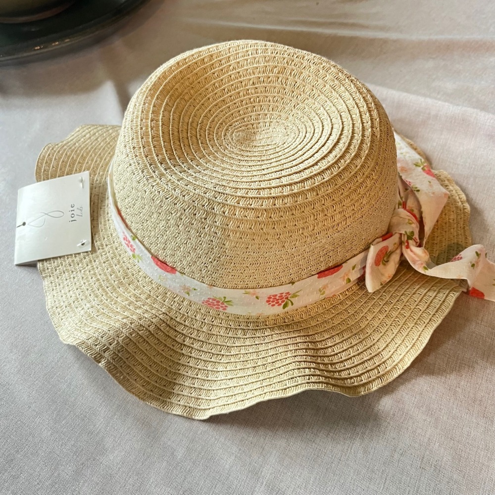 Joie Kids Straw Sun Hat Beige Strawberry Floral Ribbon Bow Wavy Brim CD09452